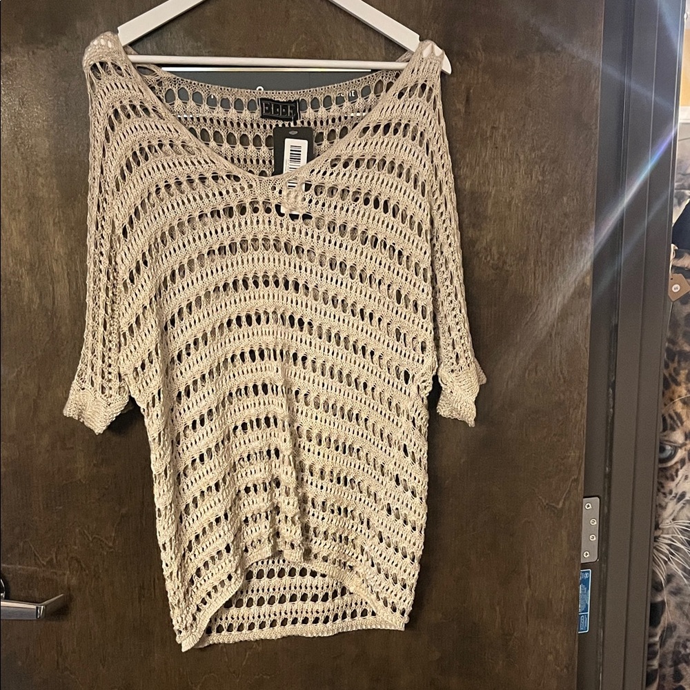 Elegant Beige V-Neck Open-Knit Sweater